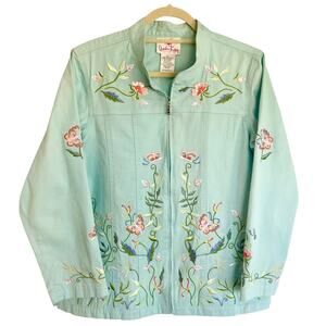 Quacker Factory Embroidered Sequins Beads Jacket Womens LG Full Zip Light Twill